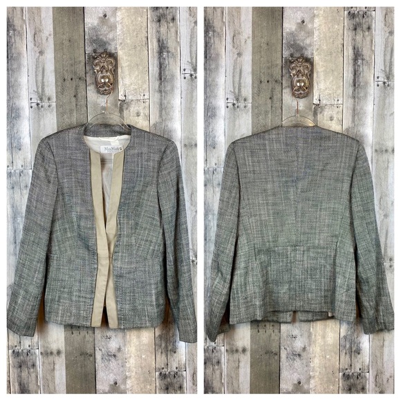Max Mara Tweed Leather Trim Tie Waist Blazer in Grey Multi Size 10. - Picture 8 of 9